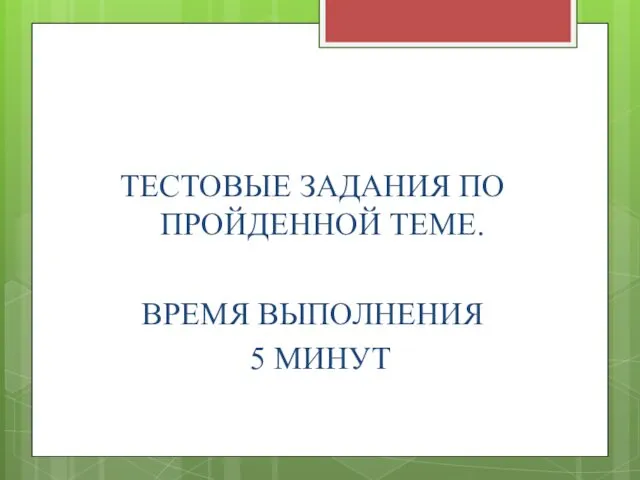 ТЕСТОВЫЕ ЗАДАНИЯ ПО ПРОЙДЕННОЙ ТЕМЕ. ВРЕМЯ ВЫПОЛНЕНИЯ 5 МИНУТ