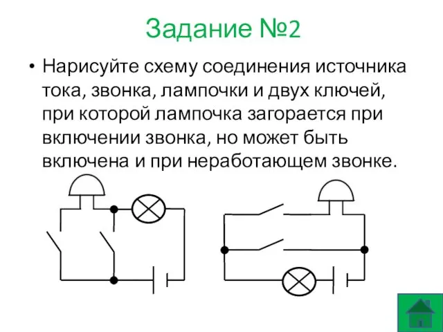 Задание №2 Нарисуйте схему соединения источника тока, звонка, лампочки и