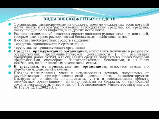 ВИДЫ ВНЕБЮДЖЕТНЫХ СРЕДСТВ Организации, финансируемые из бюджета, помимо бюджетных ассигнований