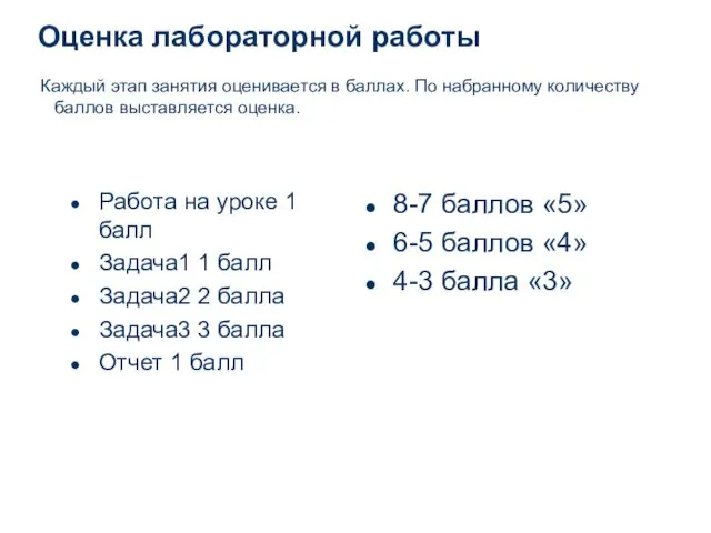 Оценка лабораторной работы Каждый этап занятия оценивается в баллах. По