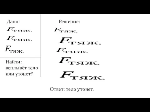 Дано: Решение: Ответ: тело утонет. Найти: всплывёт тело или утонет?