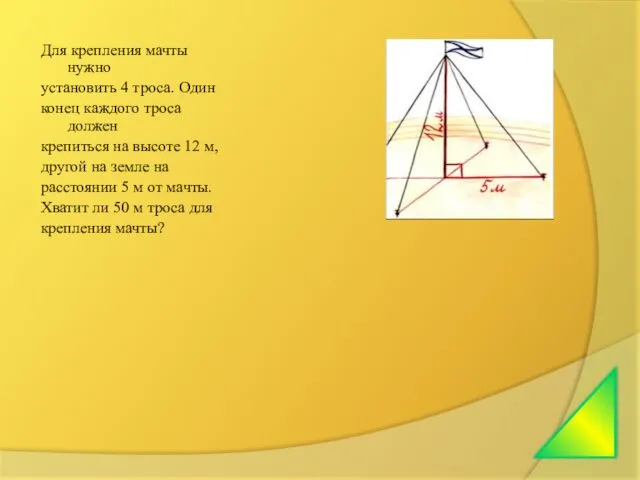 Для крепления мачты нужно установить 4 троса. Один конец каждого