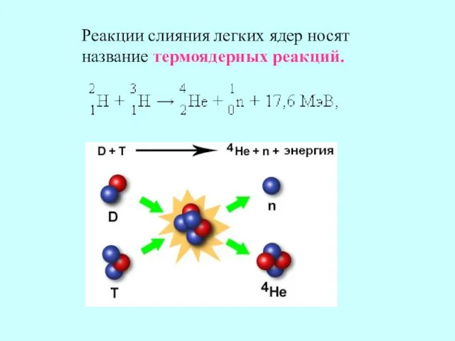 Реакции слияния легких ядер носят название термоядерных реакций.