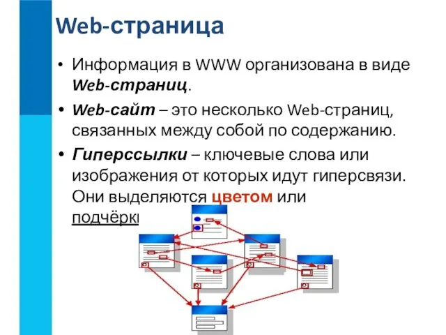 Информация в WWW организована в виде Web-страниц. Web-сайт – это несколько Web-страниц, связанных