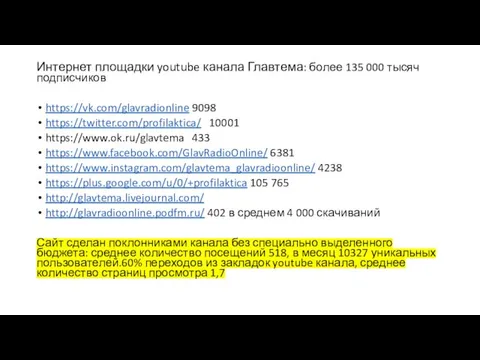 Интернет площадки youtube канала Главтема: более 135 000 тысяч подписчиков https://vk.com/glavradionline 9098 https://twitter.com/profilaktica/