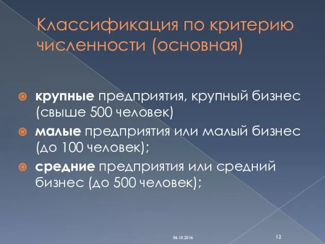 Классификация по критерию численности (основная) крупные предприятия, крупный бизнес (свыше