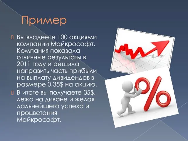 Пример Вы владеете 100 акциями компании Майкрософт. Компания показала отличные