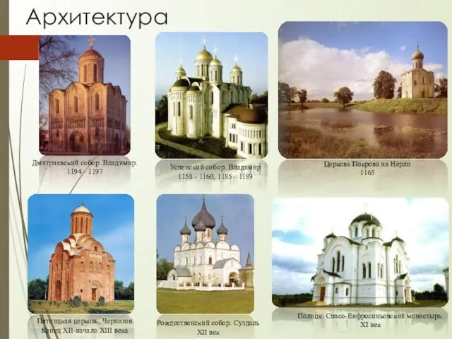 Архитектура Церковь Покрова на Нерли 1165 Успенский собор. Владимир 1158 - 1160, 1185