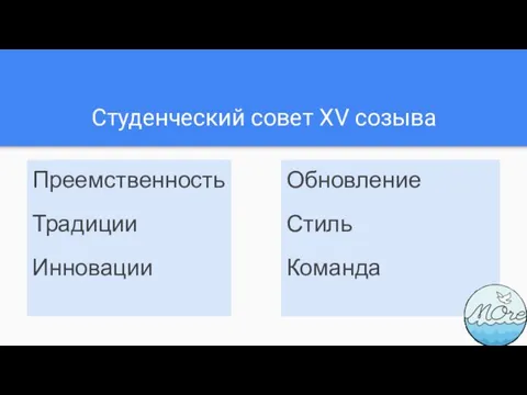 Студенческий совет XV созыва Преемственность Традиции Инновации Обновление Стиль Команда