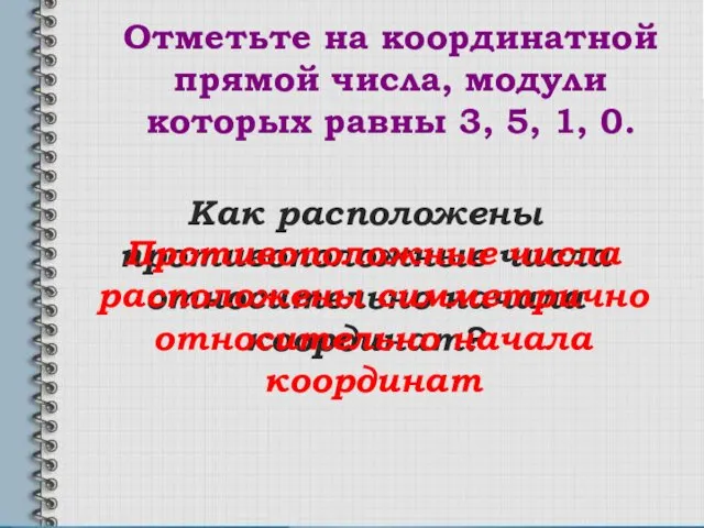 Отметьте на координатной прямой числа, модули которых равны 3, 5, 1, 0. Как