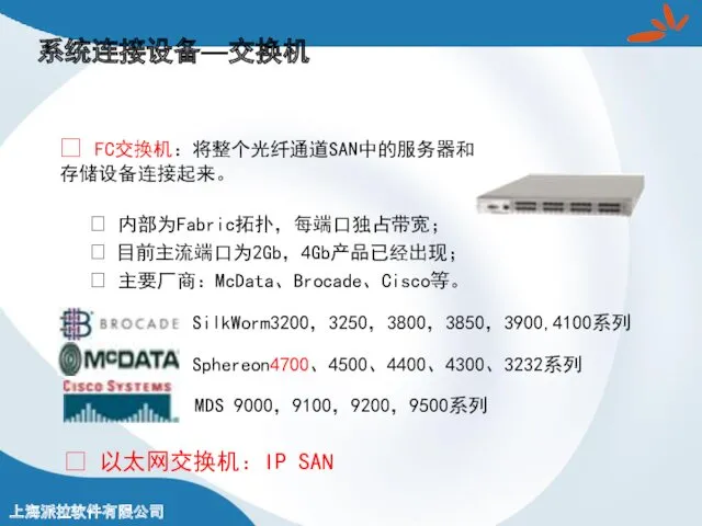 系统连接设备—交换机 ? FC交换机：将整个光纤通道SAN中的服务器和存储设备连接起来。 ? 内部为Fabric拓扑，每端口独占带宽； ? 目前主流端口为2Gb，4Gb产品已经出现； ? 主要厂商：McData、Brocade、Cisco等。 ? 以太网交换机：IP SAN