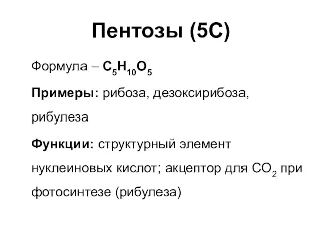 Пентозы (5С) Формула – С5H10O5 Примеры: рибоза, дезоксирибоза, рибулеза Функции: структурный элемент нуклеиновых