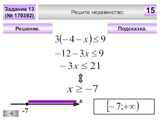 Решите неравенство: Задание 13 (№ 179392) Подсказка. Решение. х 15 -7