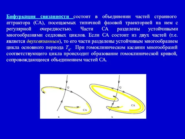 Бифуркация связанности состоит в объединении частей странного аттрактора (СА), посещаемых