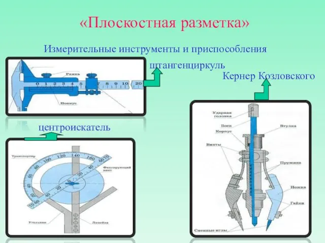 «Плоскостная разметка» Измерительные инструменты и приспособления штангенциркуль центроискатель Кернер Козловского
