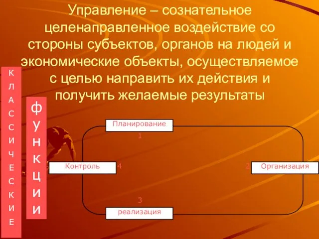 Управление – сознательное целенаправленное воздействие со стороны субъектов, органов на людей и экономические