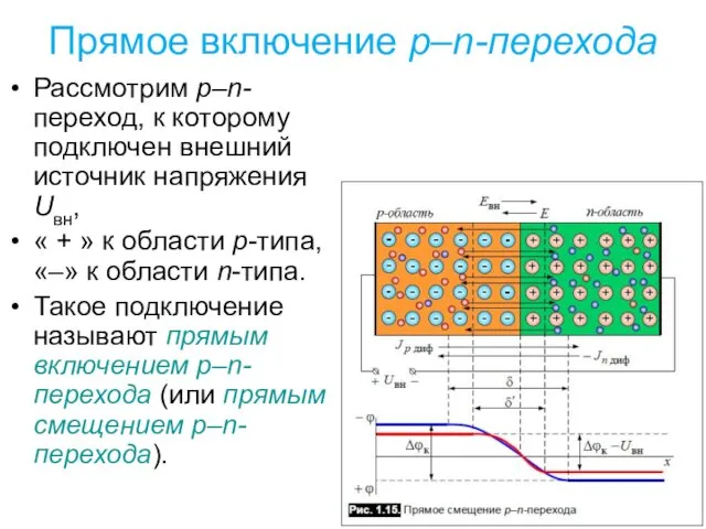 Прямое включение p–n-перехода Рассмотрим p–n-переход, к которому подключен внешний источник