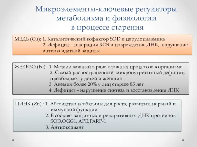 Микроэлементы-ключевые регуляторы метаболизма и физиологии в процессе старения МЕДЬ (Cu):