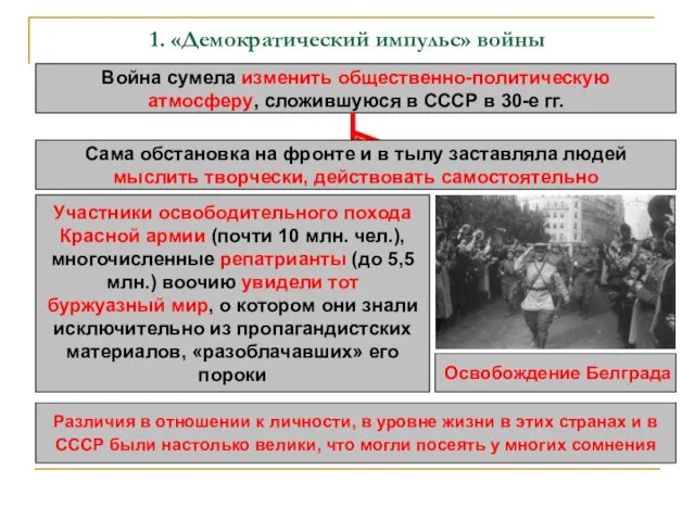 1. «Демократический импульс» войны Война сумела изменить общественно-политическую атмосферу, сложившуюся