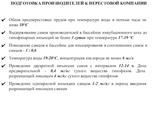 ПОДГОТОВКА ПРОИЗВОДИТЕЛЕЙ К НЕРЕСТОВОЙ КОМПАНИИ Облов преднерестовых прудов при температуре