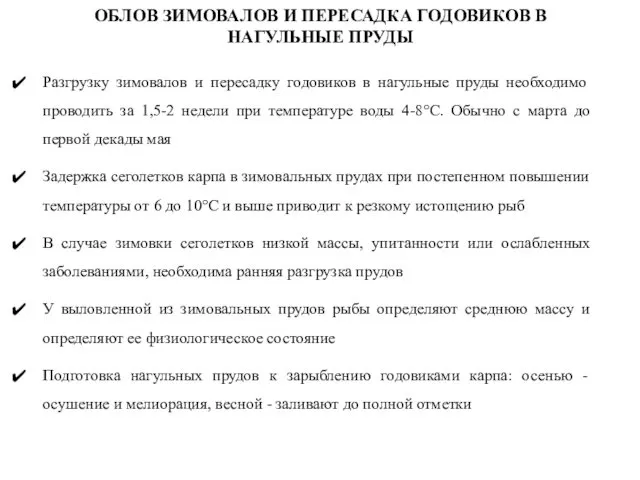 ОБЛОВ ЗИМОВАЛОВ И ПЕРЕСАДКА ГОДОВИКОВ В НАГУЛЬНЫЕ ПРУДЫ Разгрузку зимовалов