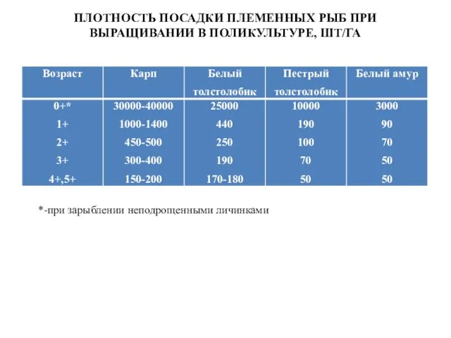 ПЛОТНОСТЬ ПОСАДКИ ПЛЕМЕННЫХ РЫБ ПРИ ВЫРАЩИВАНИИ В ПОЛИКУЛЬТУРЕ, ШТ/ГА *-при зарыблении неподрощенными личинками