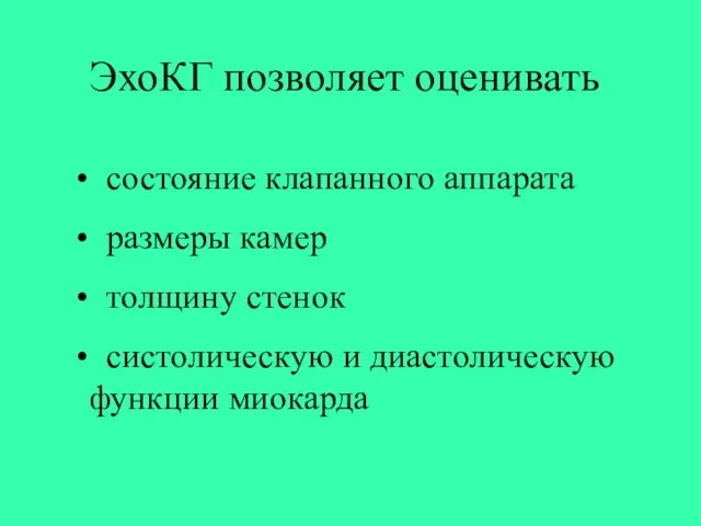 ЭхоКГ позволяет оценивать состояние клапанного аппарата размеры камер толщину стенок систолическую и диастолическую функции миокарда