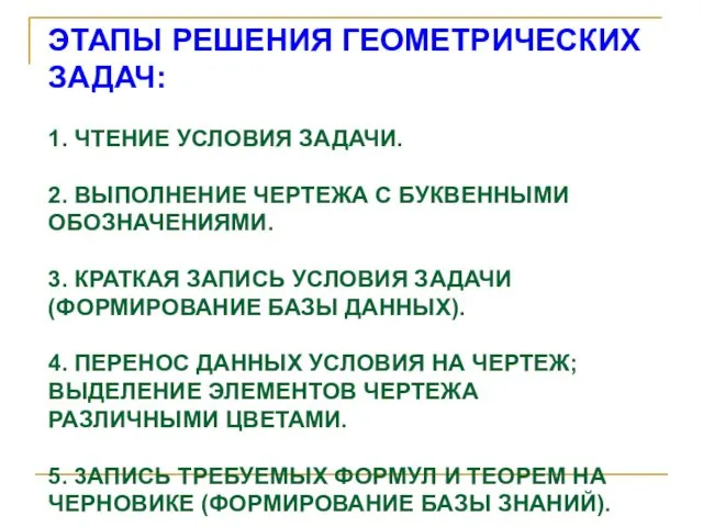 ЭТАПЫ РЕШЕНИЯ ГЕОМЕТРИЧЕСКИХ ЗАДАЧ: 1. ЧТЕНИЕ УСЛОВИЯ ЗАДАЧИ. 2. ВЫПОЛНЕНИЕ