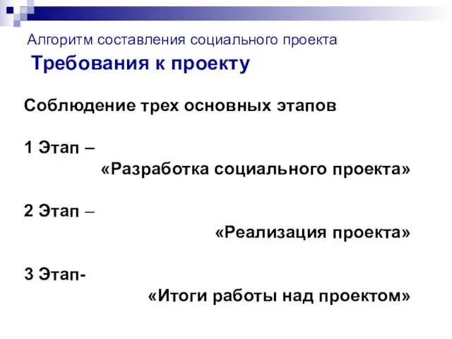 Алгоритм составления социального проекта Требования к проекту Соблюдение трех основных