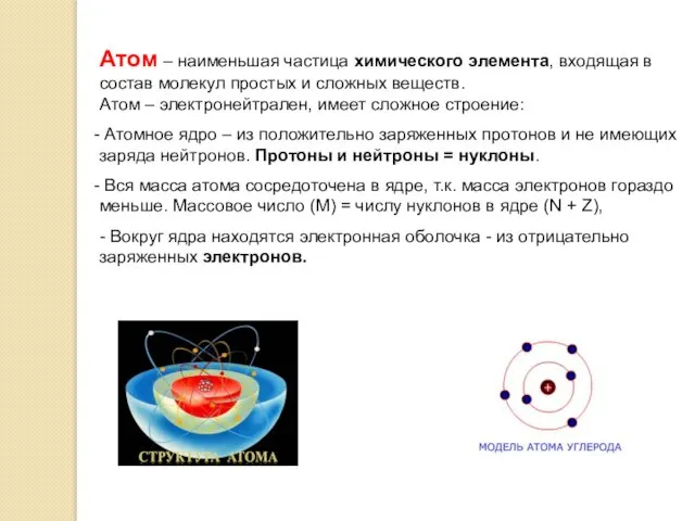 Атом – наименьшая частица химического элемента, входящая в состав молекул простых и сложных