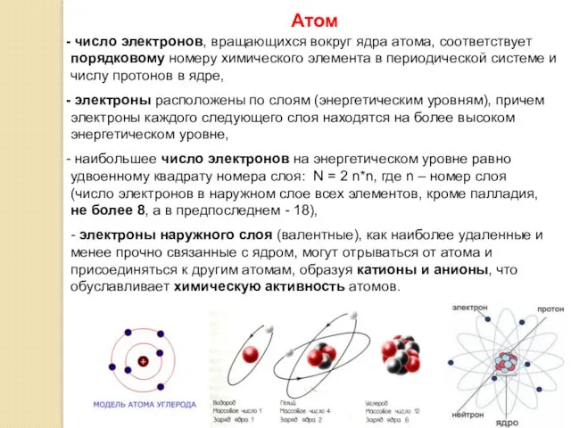 Атом число электронов, вращающихся вокруг ядра атома, соответствует порядковому номеру химического элемента в