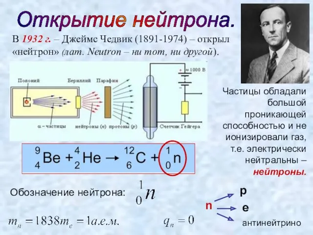 Открытие нейтрона. Частицы обладали большой проникающей способностью и не ионизировали