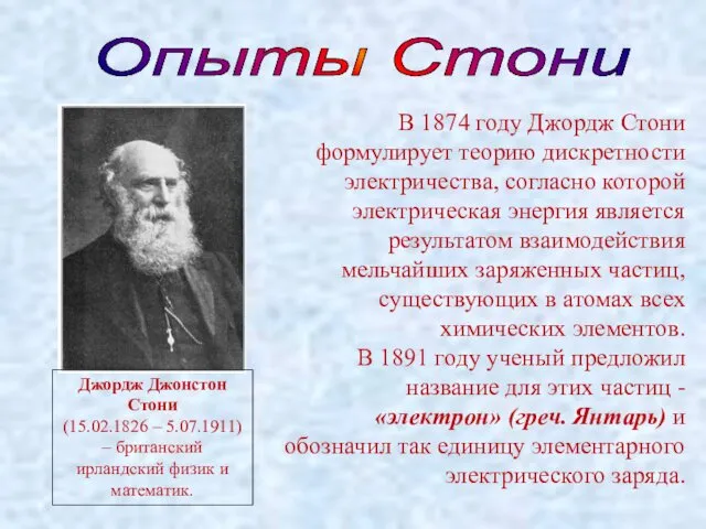 Опыты Стони Джордж Джонстон Стони (15.02.1826 – 5.07.1911) – британский