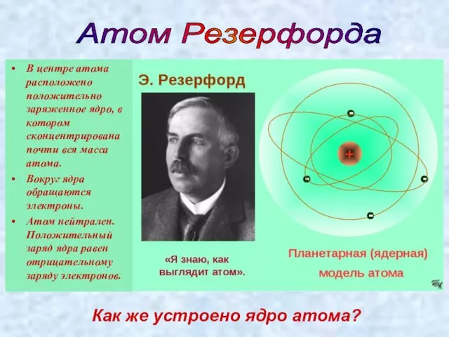 В центре атома расположено положительно заряженное ядро, в котором сконцентрирована