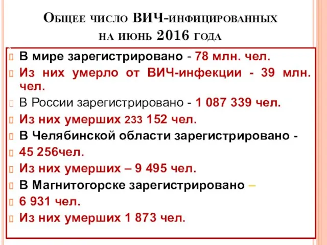 Общее число ВИЧ-инфицированных на июнь 2016 года В мире зарегистрировано