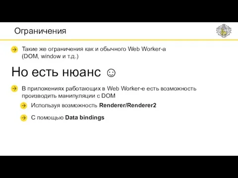 Ограничения Такие же ограничения как и обычного Web Worker-a (DOM, window и т.д.)