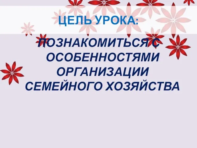 ЦЕЛЬ УРОКА: ПОЗНАКОМИТЬСЯ С ОСОБЕННОСТЯМИ ОРГАНИЗАЦИИ СЕМЕЙНОГО ХОЗЯЙСТВА