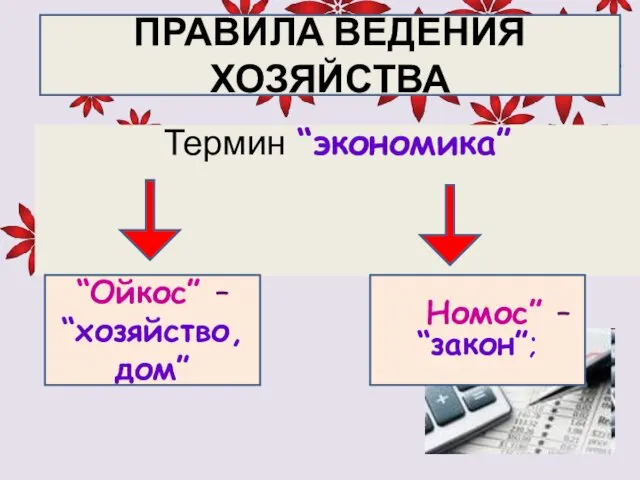 Термин “экономика” ПРАВИЛА ВЕДЕНИЯ ХОЗЯЙСТВА “Ойкос” – “хозяйство, дом” Номос” – “закон”;