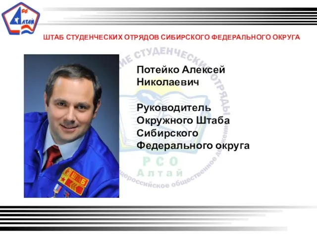 ШТАБ СТУДЕНЧЕСКИХ ОТРЯДОВ СИБИРСКОГО ФЕДЕРАЛЬНОГО ОКРУГА Потейко Алексей Николаевич Руководитель Окружного Штаба Сибирского Федерального округа