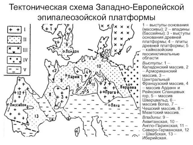 Тектоническая схема Западно-Европейской эпипалеозойской платформы 1 – выступы основания (массивы);