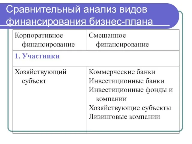 Сравнительный анализ видов финансирования бизнес-плана