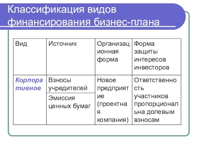 Классификация видов финансирования бизнес-плана