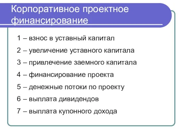 Корпоративное проектное финансирование 1 – взнос в уставный капитал 2