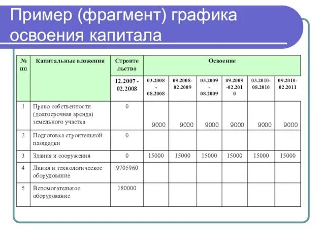 Пример (фрагмент) графика освоения капитала