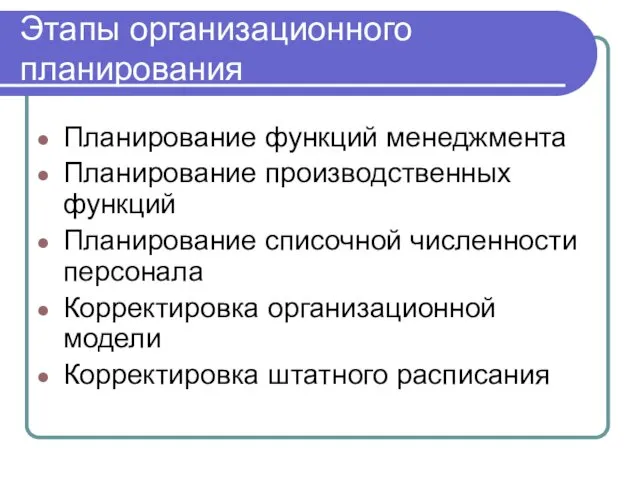 Этапы организационного планирования Планирование функций менеджмента Планирование производственных функций Планирование