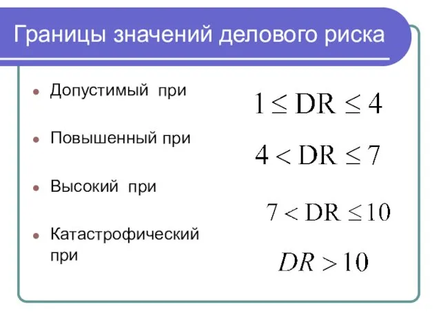 Границы значений делового риска Допустимый при Повышенный при Высокий при Катастрофический при