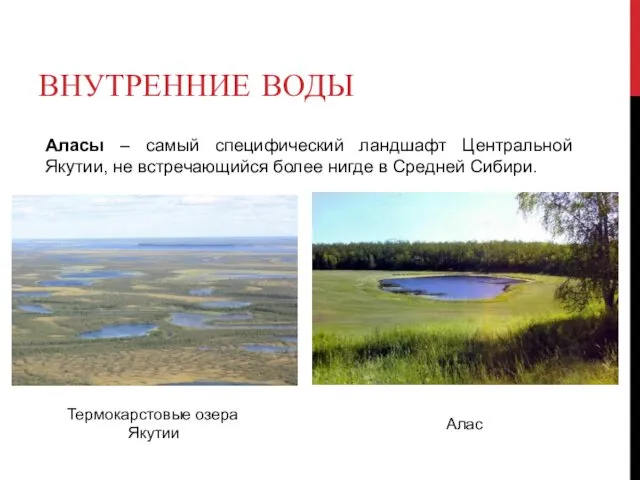 ВНУТРЕННИЕ ВОДЫ Алас Аласы – самый специфический ландшафт Центральной Якутии,