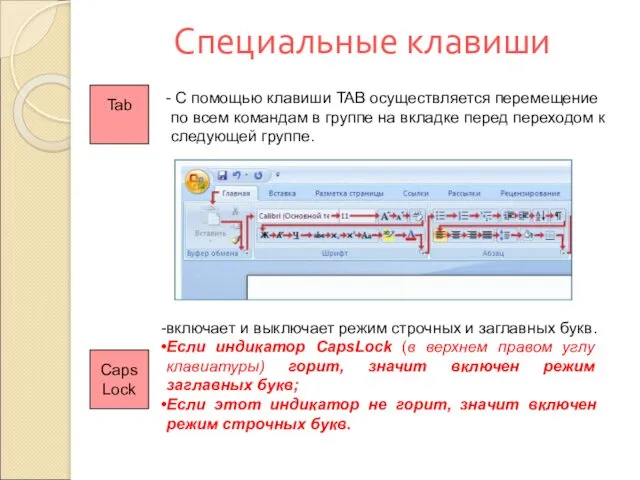 Специальные клавиши Tab С помощью клавиши TAB осуществляется перемещение по всем командам в