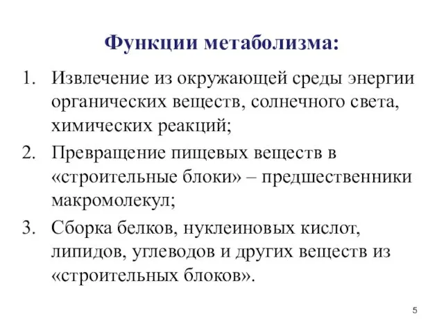 Функции метаболизма: Извлечение из окружающей среды энергии органических веществ, солнечного