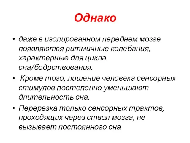 Однако даже в изолированном переднем мозге появляются ритмичные колебания, характерные